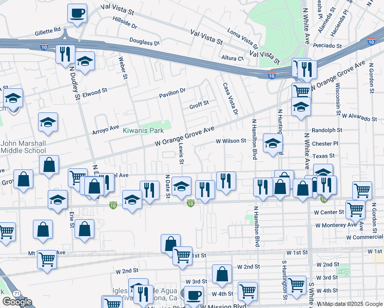 map of restaurants, bars, coffee shops, grocery stores, and more near 744 Lewis Street in Pomona