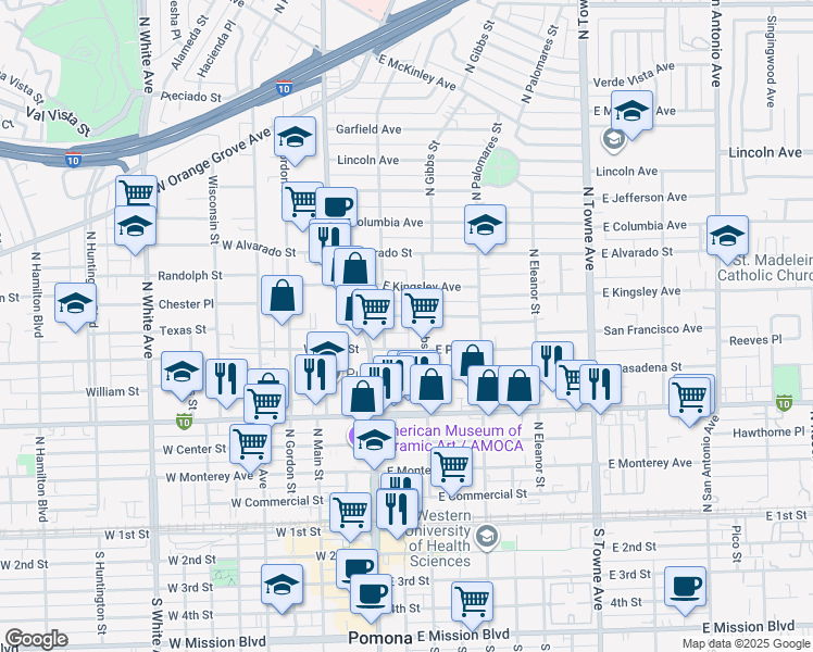 map of restaurants, bars, coffee shops, grocery stores, and more near 745 North Gibbs Street in Pomona