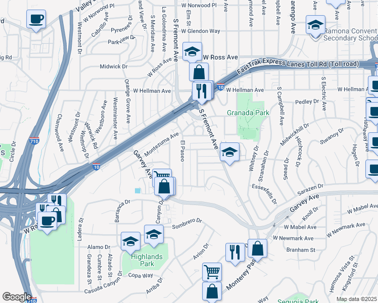 map of restaurants, bars, coffee shops, grocery stores, and more near 2560 Las Flores Street in Alhambra