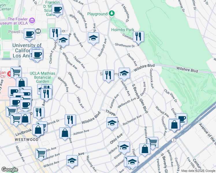 map of restaurants, bars, coffee shops, grocery stores, and more near 10475 Wilshire Boulevard in Los Angeles