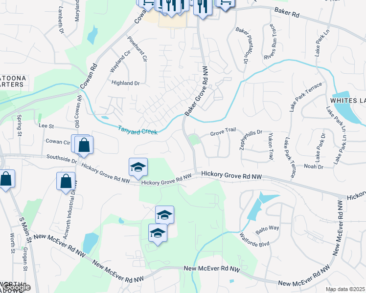 map of restaurants, bars, coffee shops, grocery stores, and more near 4580 Grove Park Way Northwest in Acworth