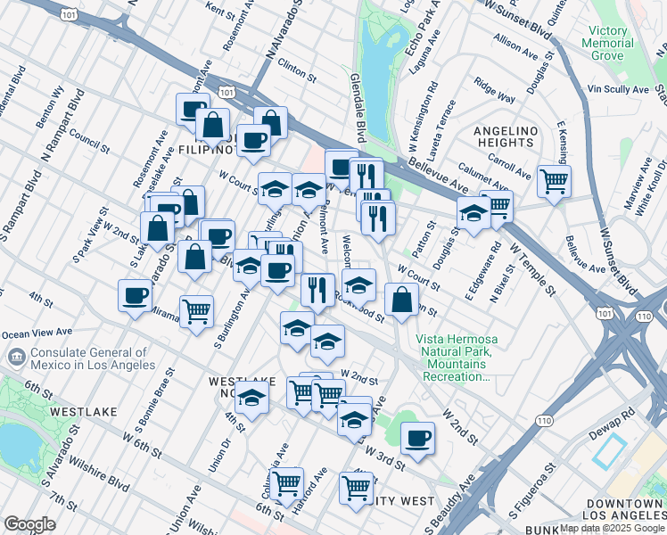 map of restaurants, bars, coffee shops, grocery stores, and more near 232 Belmont Avenue in Los Angeles