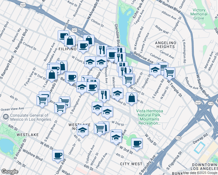 map of restaurants, bars, coffee shops, grocery stores, and more near 232 Belmont Avenue in Los Angeles