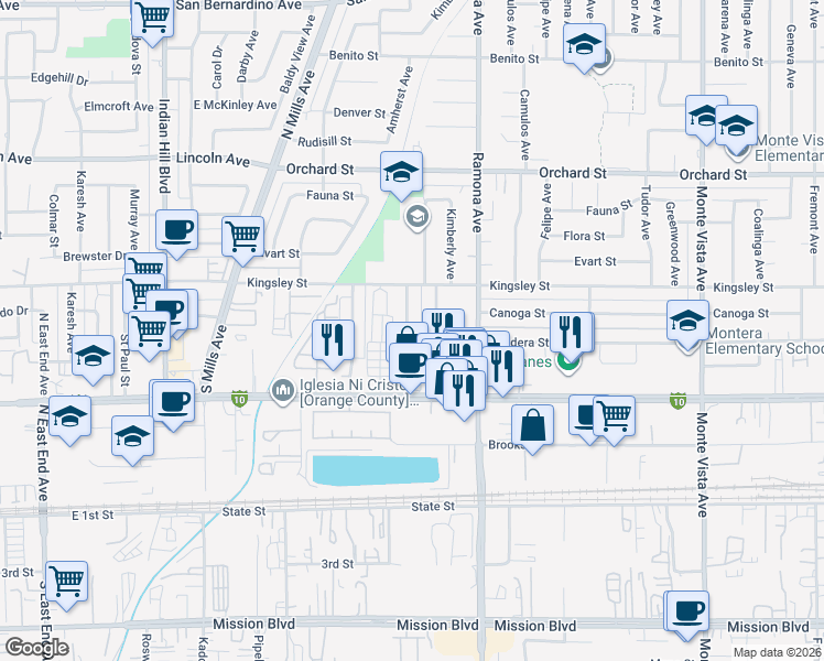 map of restaurants, bars, coffee shops, grocery stores, and more near 4391 Bandera Street in Montclair