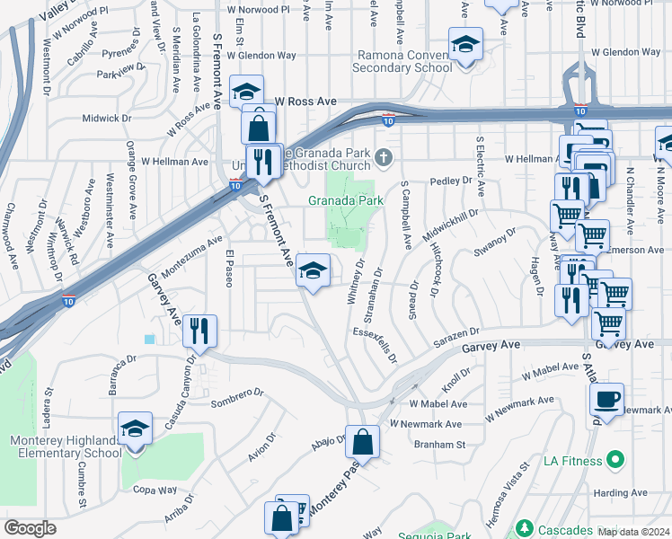 map of restaurants, bars, coffee shops, grocery stores, and more near 2027 Tracy Lane in Alhambra