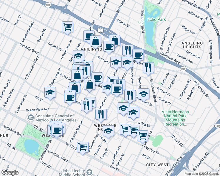 map of restaurants, bars, coffee shops, grocery stores, and more near 1711 Beverly Boulevard in Los Angeles