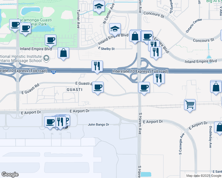 map of restaurants, bars, coffee shops, grocery stores, and more near 3281 East Guasti Road in Ontario