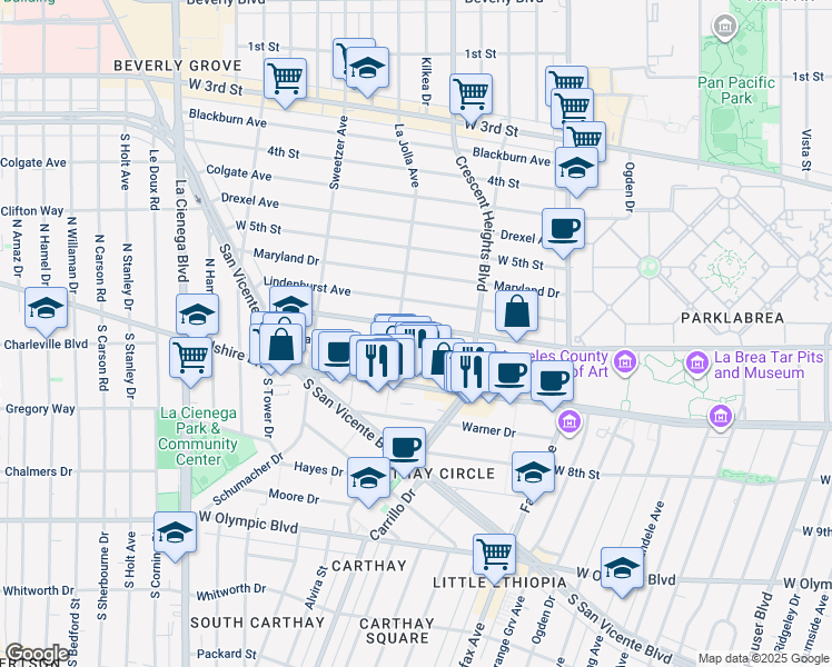 map of restaurants, bars, coffee shops, grocery stores, and more near 6366 6th Street in Los Angeles