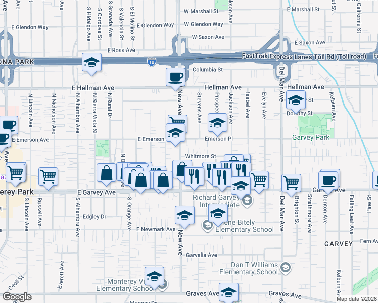 map of restaurants, bars, coffee shops, grocery stores, and more near 1121 Whitmore Street in Monterey Park