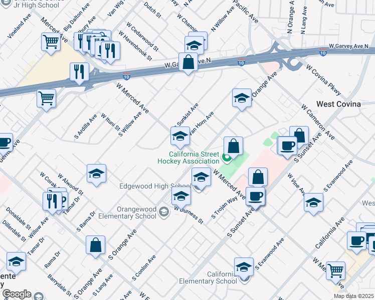map of restaurants, bars, coffee shops, grocery stores, and more near 1842 West Merced Avenue in West Covina