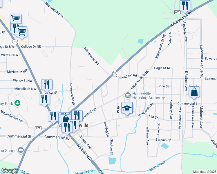 map of restaurants, bars, coffee shops, grocery stores, and more near 320 Linda Warren Circle Northeast in Hanceville