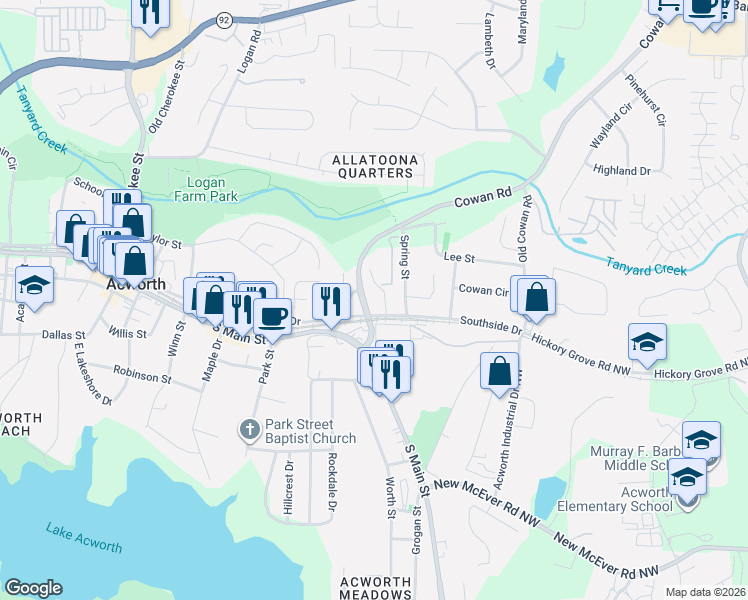 map of restaurants, bars, coffee shops, grocery stores, and more near 4565 Spring Street in Acworth
