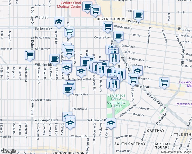 map of restaurants, bars, coffee shops, grocery stores, and more near 128 South Carson Road in Beverly Hills