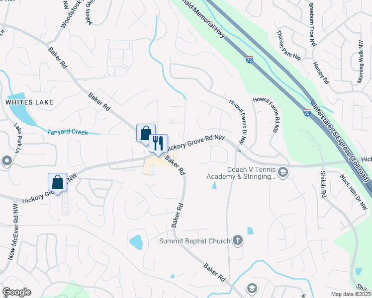 map of restaurants, bars, coffee shops, grocery stores, and more near 2485 Hickory Grove Road Northwest in Acworth