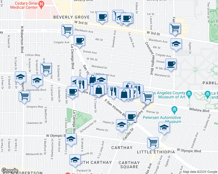 map of restaurants, bars, coffee shops, grocery stores, and more near Orange Street in Los Angeles