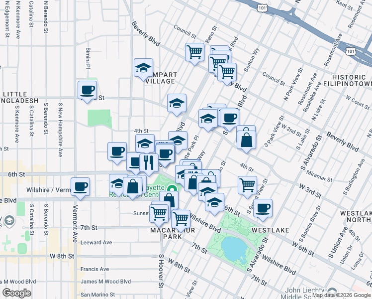 map of restaurants, bars, coffee shops, grocery stores, and more near 435 South La Fayette Park Place in Los Angeles