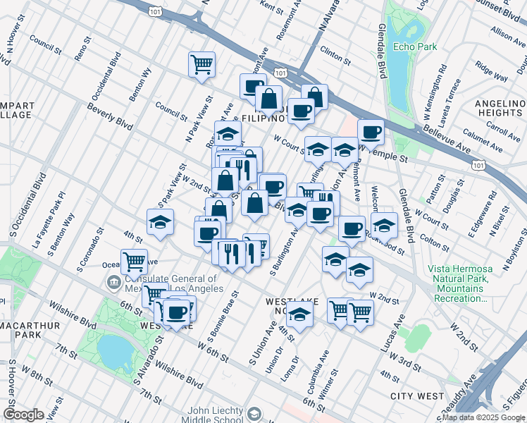 map of restaurants, bars, coffee shops, grocery stores, and more near 116 South Westlake Avenue in Los Angeles
