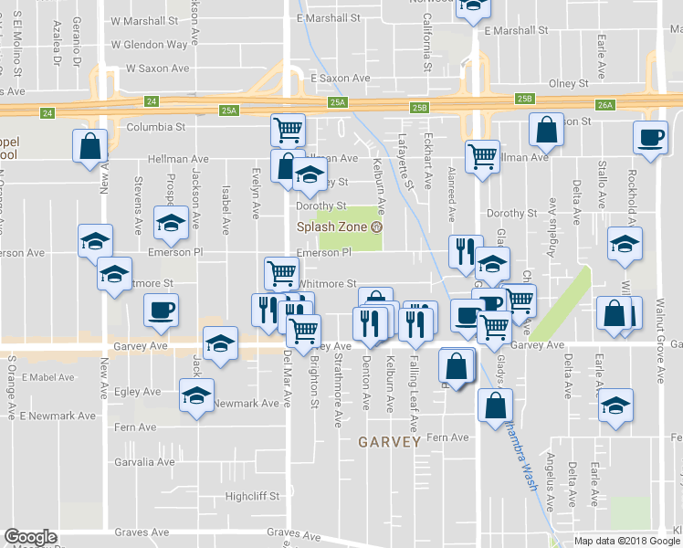 map of restaurants, bars, coffee shops, grocery stores, and more near 7909 Whitmore Street in Rosemead