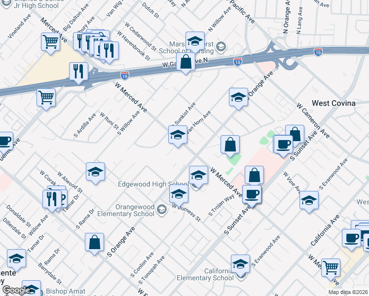 map of restaurants, bars, coffee shops, grocery stores, and more near 1826 West Merced Avenue in West Covina