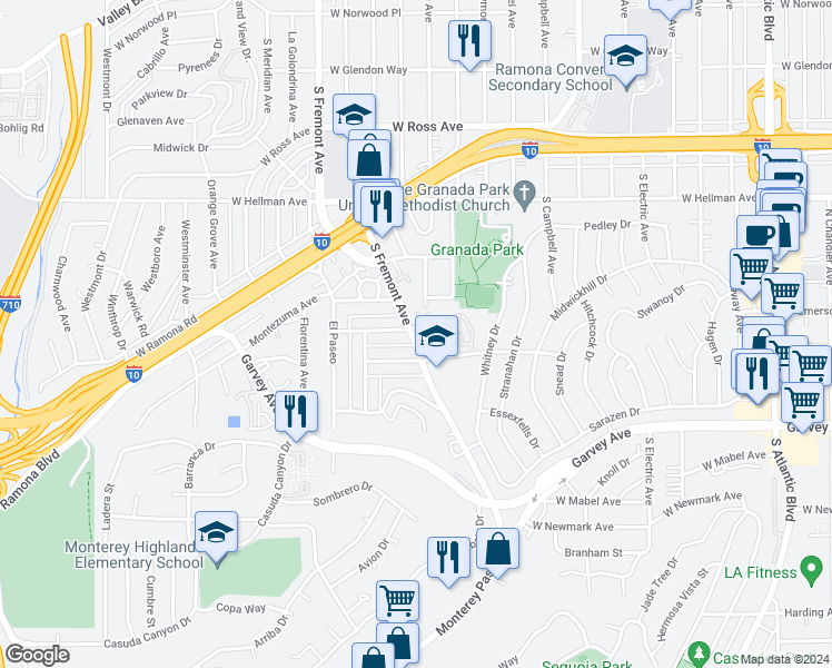 map of restaurants, bars, coffee shops, grocery stores, and more near 2428 South Fremont Avenue in Alhambra