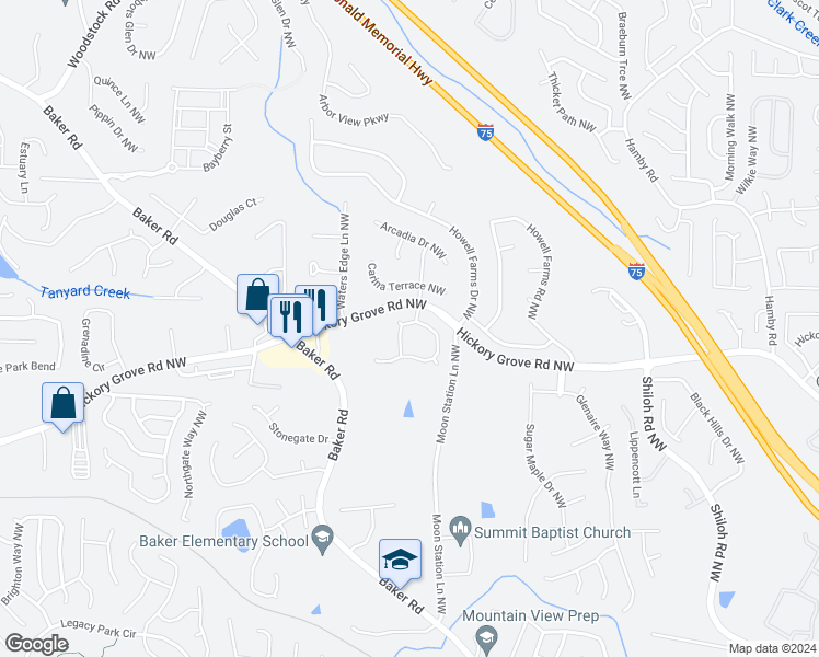 map of restaurants, bars, coffee shops, grocery stores, and more near 2452 Insdale Trce Northwest in Acworth