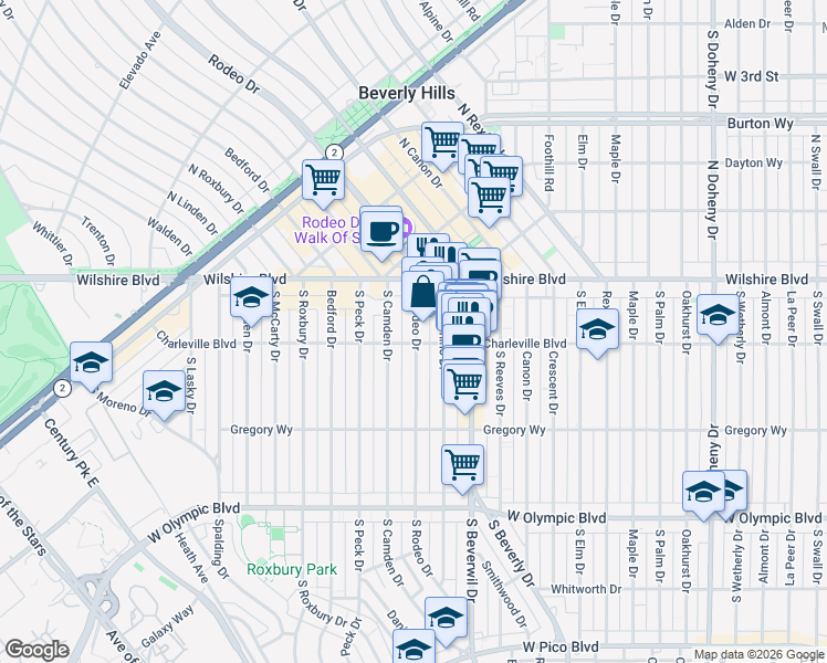 map of restaurants, bars, coffee shops, grocery stores, and more near 151 South Rodeo Drive in Beverly Hills