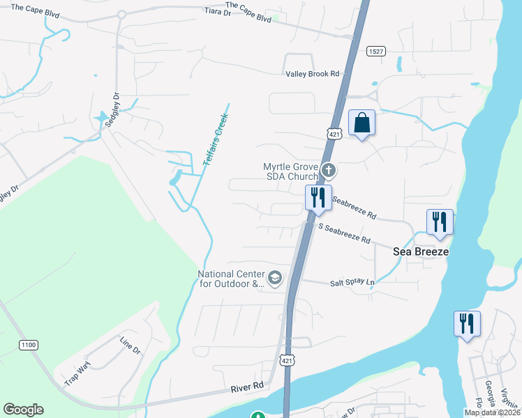 map of restaurants, bars, coffee shops, grocery stores, and more near 634-638 Ocracoke Drive in Wilmington