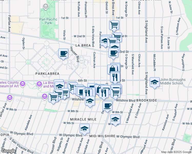 map of restaurants, bars, coffee shops, grocery stores, and more near 450 South Cochran Avenue in Los Angeles