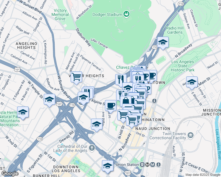map of restaurants, bars, coffee shops, grocery stores, and more near 741 New Depot Street in Los Angeles
