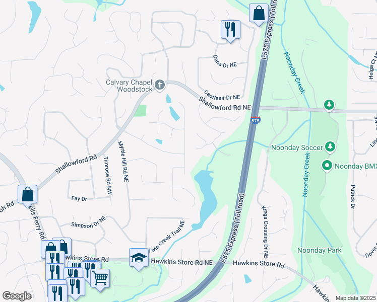 map of restaurants, bars, coffee shops, grocery stores, and more near 46 Lake Latimer Drive Northeast in Kennesaw
