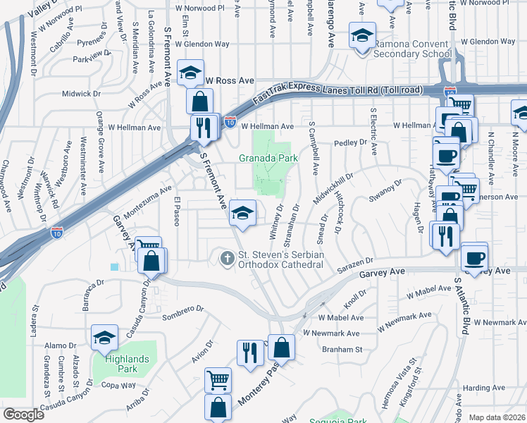 map of restaurants, bars, coffee shops, grocery stores, and more near 2029 Tracy Lane in Alhambra