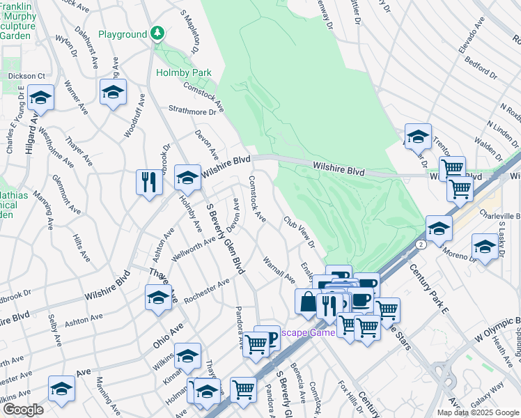map of restaurants, bars, coffee shops, grocery stores, and more near 1338 Comstock Avenue in Los Angeles