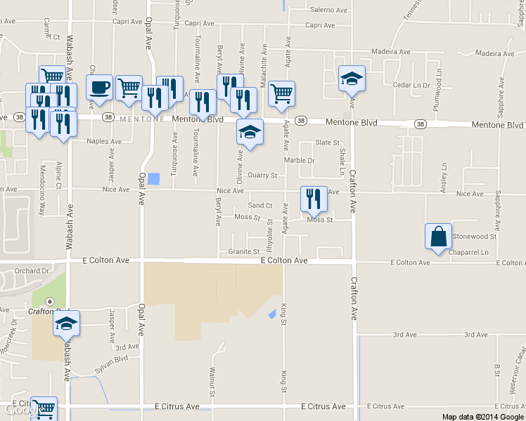 map of restaurants, bars, coffee shops, grocery stores, and more near 31041 Sand Court in Mentone