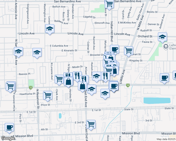 map of restaurants, bars, coffee shops, grocery stores, and more near 639 Karesh Avenue in Pomona