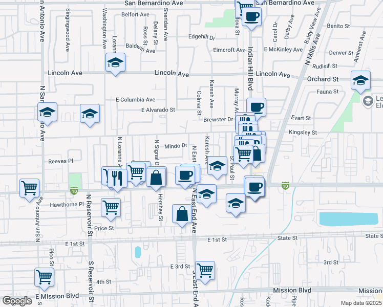 map of restaurants, bars, coffee shops, grocery stores, and more near 668 Alta Drive in Pomona