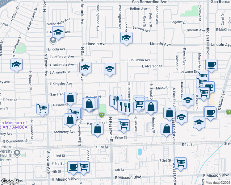 map of restaurants, bars, coffee shops, grocery stores, and more near 678 North Reservoir Street in Pomona