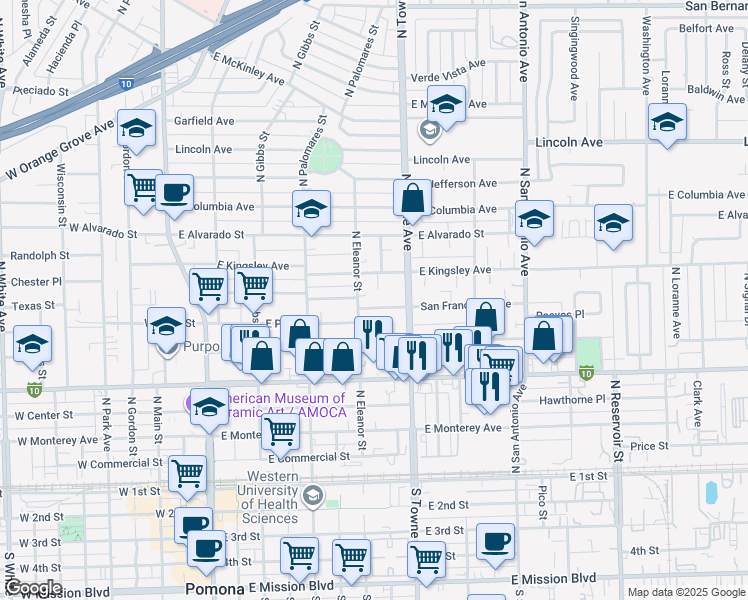 map of restaurants, bars, coffee shops, grocery stores, and more near 562 San Francisco Avenue in Pomona