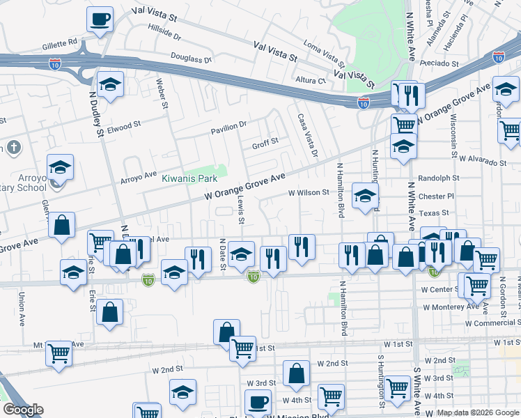 map of restaurants, bars, coffee shops, grocery stores, and more near 1095 Brookwin Drive in Pomona