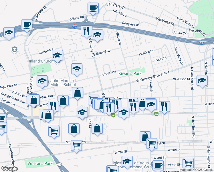map of restaurants, bars, coffee shops, grocery stores, and more near in Pomona
