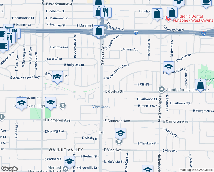 map of restaurants, bars, coffee shops, grocery stores, and more near 1801 East Cortez Street in West Covina
