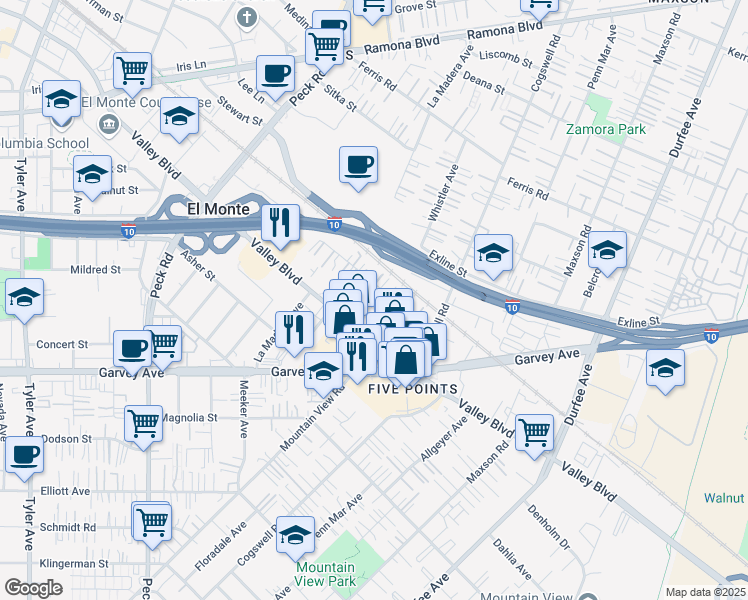 map of restaurants, bars, coffee shops, grocery stores, and more near 11825 Valley Boulevard in El Monte