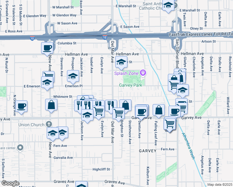 map of restaurants, bars, coffee shops, grocery stores, and more near 3125 Del Mar Avenue in Rosemead