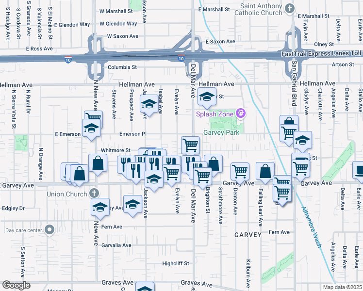 map of restaurants, bars, coffee shops, grocery stores, and more near 3116 Evelyn Avenue in Rosemead