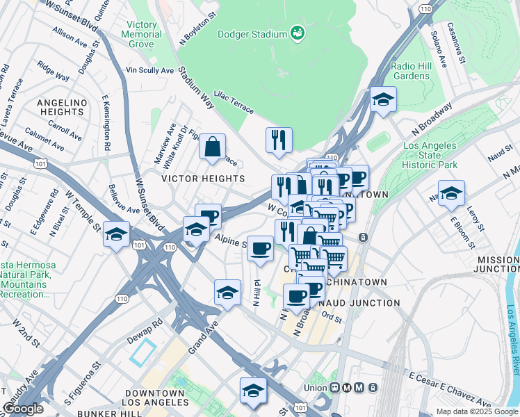map of restaurants, bars, coffee shops, grocery stores, and more near 877 North Bunker Hill Avenue in Los Angeles
