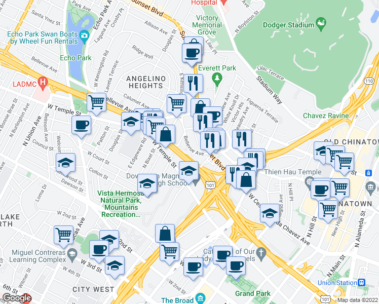 map of restaurants, bars, coffee shops, grocery stores, and more near 501 Victor Street in Los Angeles
