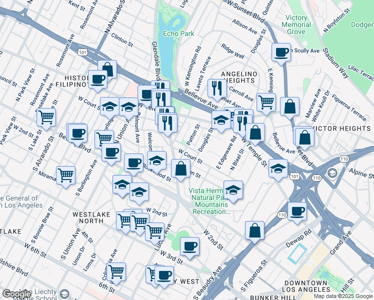 map of restaurants, bars, coffee shops, grocery stores, and more near 1409 West Court Street in Los Angeles