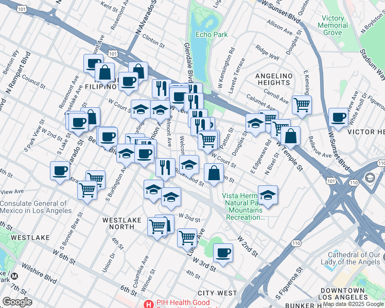 map of restaurants, bars, coffee shops, grocery stores, and more near 217 Lake Shore Terrace in Los Angeles