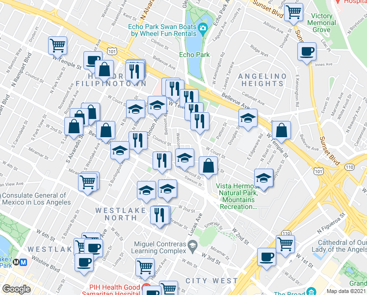 map of restaurants, bars, coffee shops, grocery stores, and more near 217 Lake Shore Terrace in Los Angeles