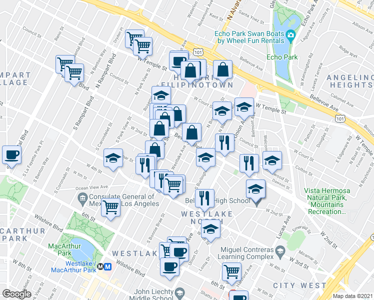 map of restaurants, bars, coffee shops, grocery stores, and more near 132 South Westlake Avenue in Los Angeles
