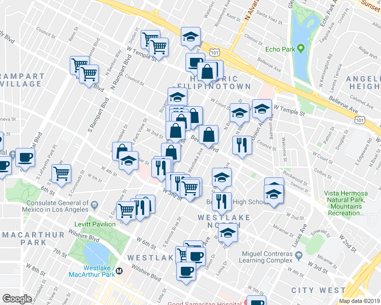 map of restaurants, bars, coffee shops, grocery stores, and more near 152 South Mountain View Avenue in Los Angeles